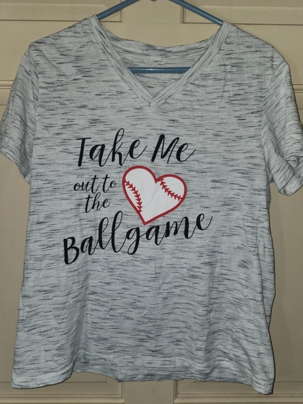 Women's 'Take Me Out to the Ballgame' V-Neck Tee - White Heather with Red Accent
